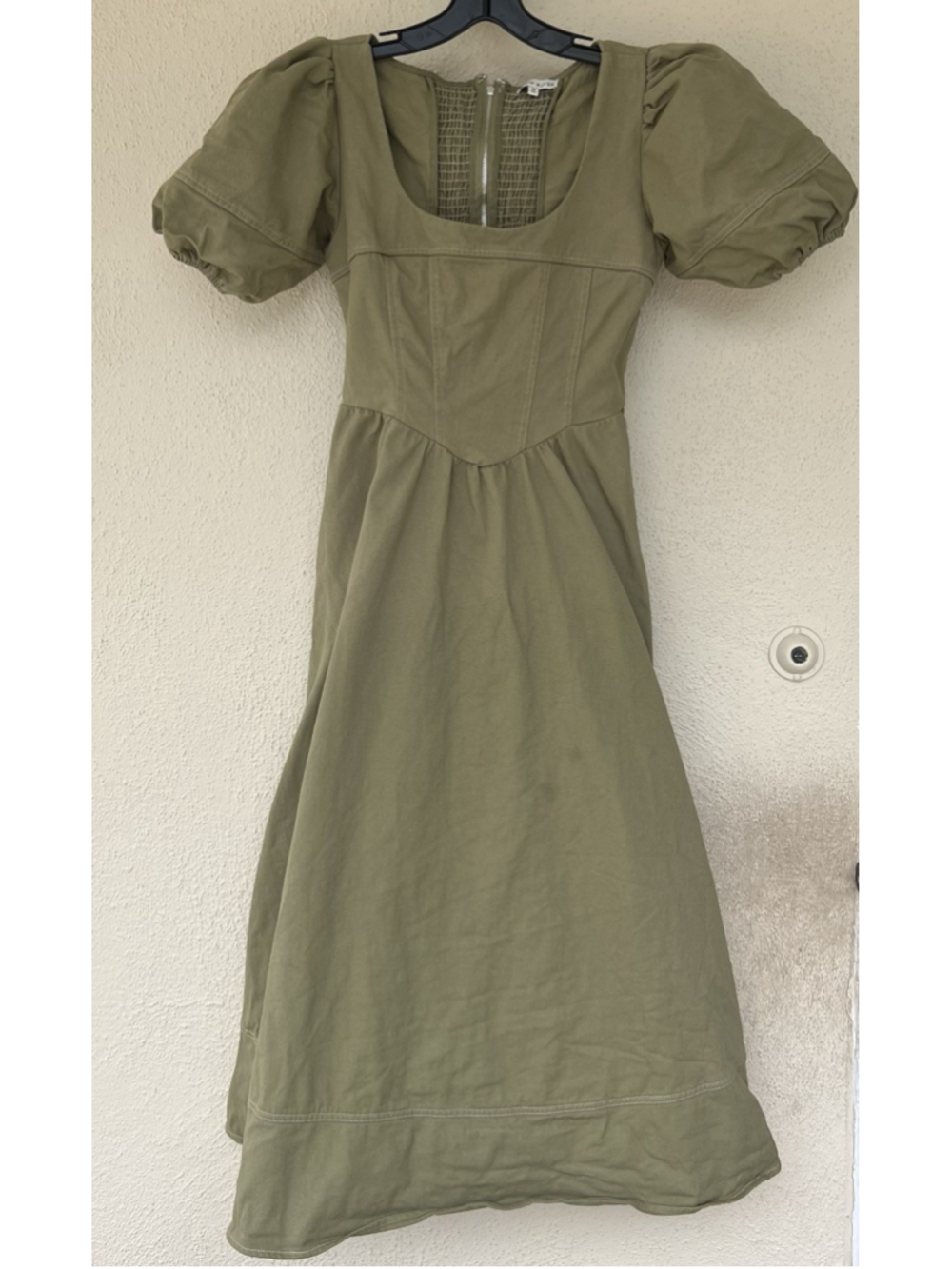 Moon River Olive Green Puff Sleeve Corset Midi Dress M Cottage Prairie Fields - Picture 2 of 8